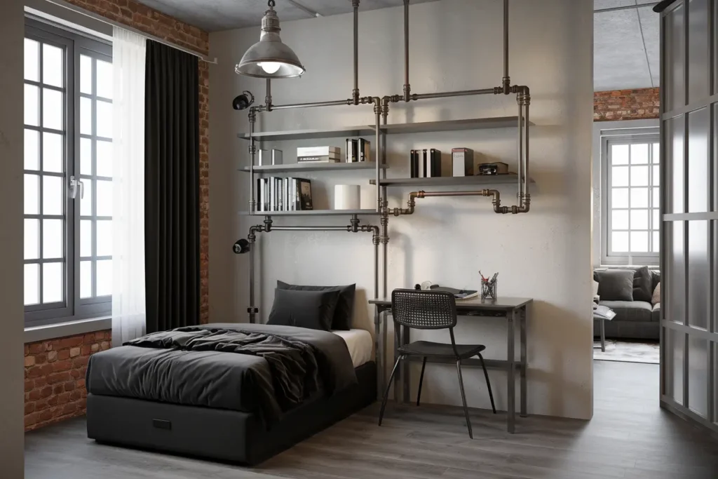 25 Modern Bedroom Ideas for Small Rooms Men Can’t Resist 17 13. Industrial Pipe Shelving for a Stylish Storage Solution