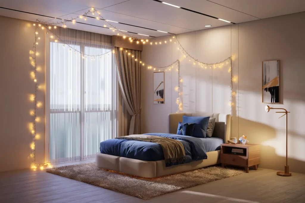 25 Clever Small Room Decoration Ideas to Transform Your Space 17 13. Small Room with Fairy Lights for a Dreamy Feel