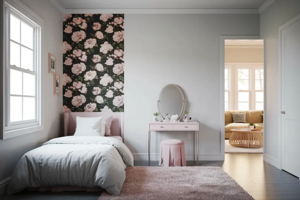 25 Aesthetic Bedroom Ideas for Small Rooms Women Will Love 19 15. Floral Peel and Stick Wallpaper for a Feminine Look