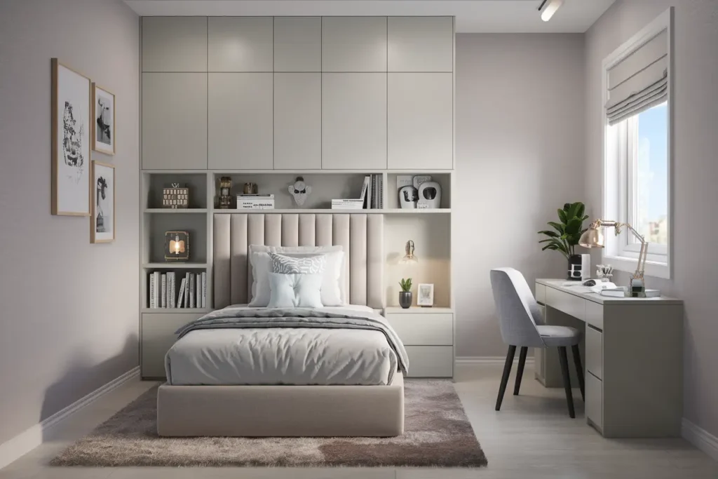 25 Genius Bedroom Ideas for Small Rooms for Teens (That Actually Work!) 22 17. Space Saving Headboard with Storage for Teens