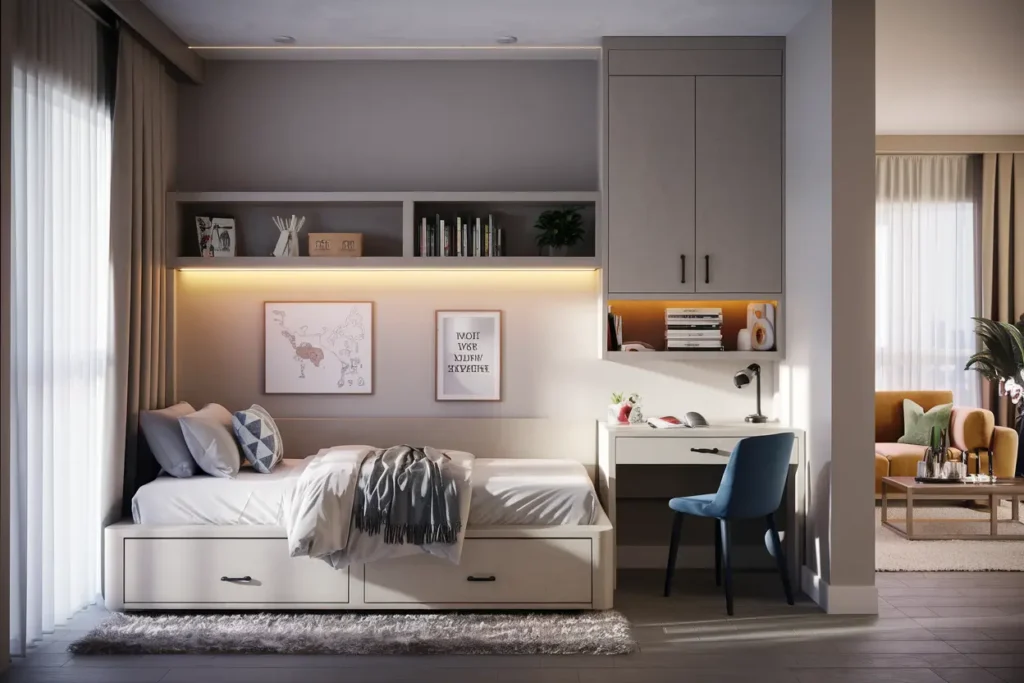 25 Genius Bedroom Ideas for Small Rooms for Teens (That Actually Work!) 33 24. Space Saving Bookshelves for Teen Bedrooms