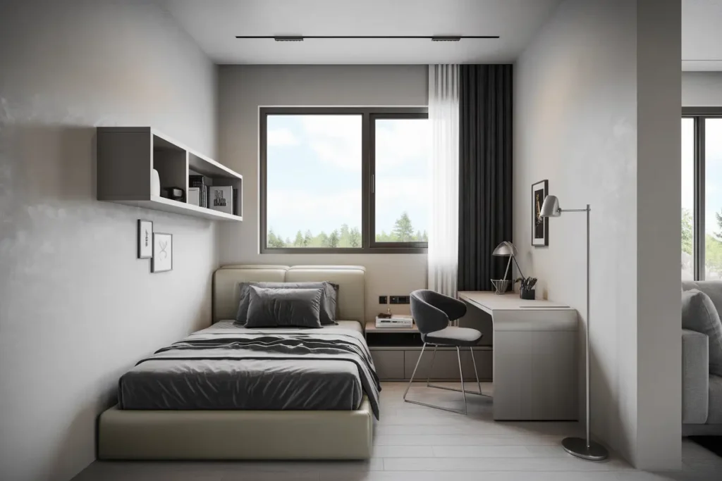 25 Modern Bedroom Ideas for Small Rooms Men Can’t Resist 4 4. Sleek Functional Floating Shelves for Small Rooms