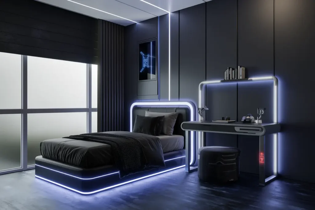 25 Modern Bedroom Ideas for Small Rooms Men Can’t Resist 6 6. Smart LED Lighting for a Futuristic Small Bedroom