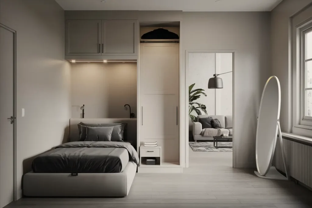 25 Modern Bedroom Ideas for Small Rooms Men Can’t Resist 7 7. Best Compact Wardrobe Ideas for Small Bedrooms