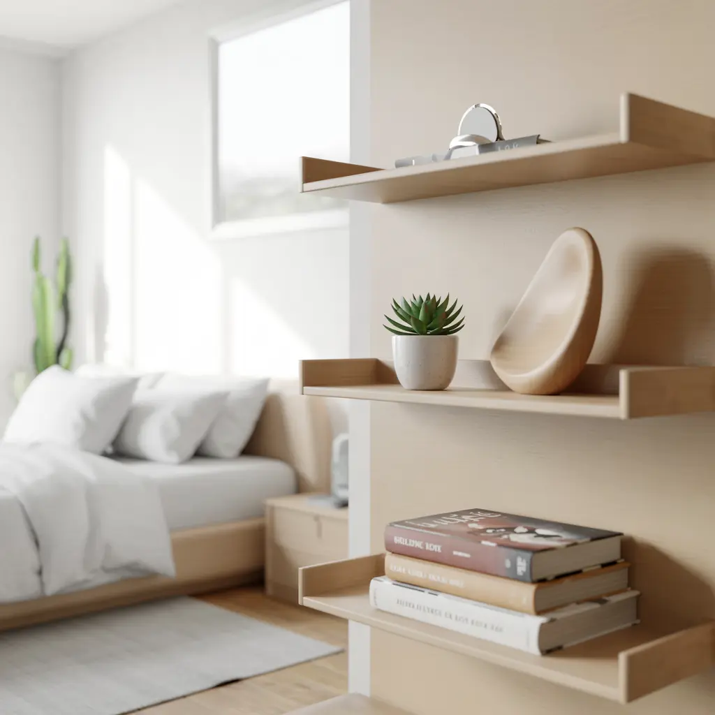 25 Minimalist Small Bedroom Ideas for a Clutter-Free Oasis 3 Floating Shelves for Clutter Free Storage