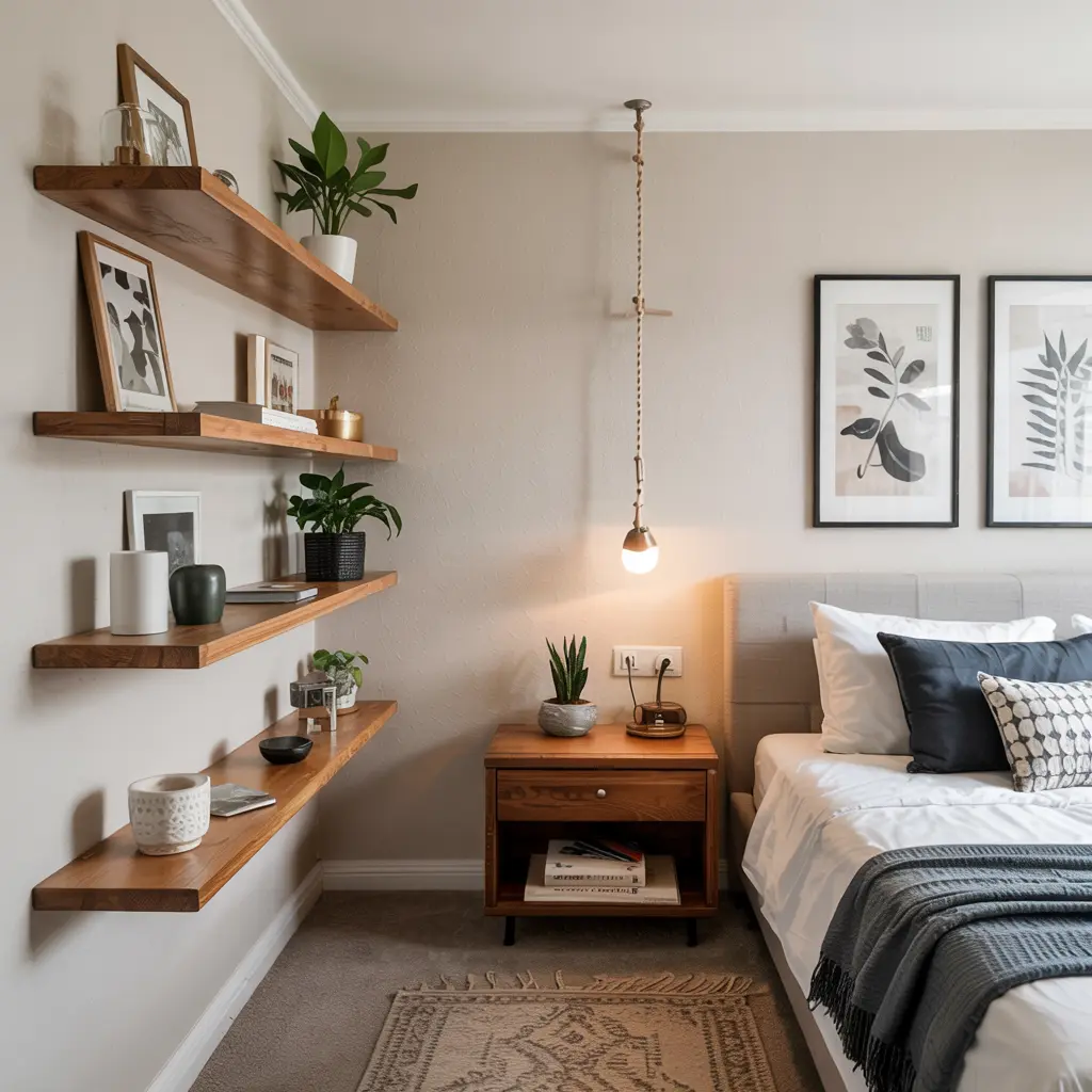 25 Brilliant Small Apartment Bedroom Ideas to Maximize Your Space 4 Floating Shelves for Storage Decor