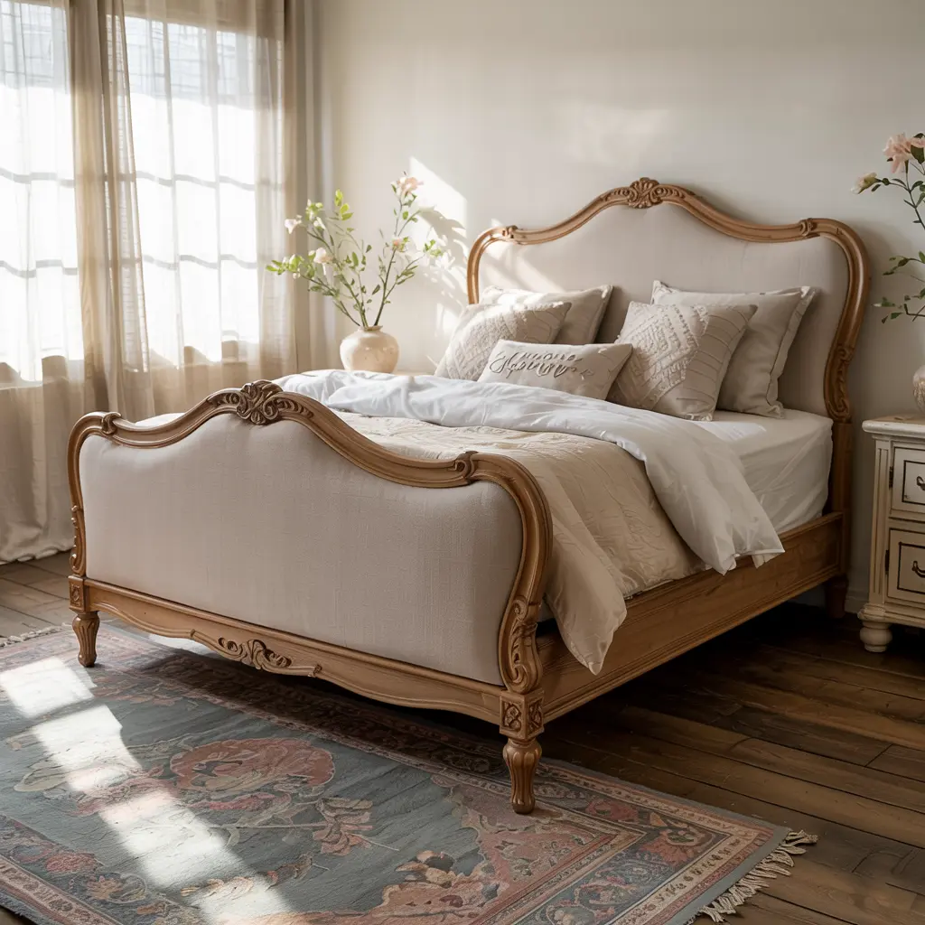 10. Curved Wood Bed Frame with Carved Details