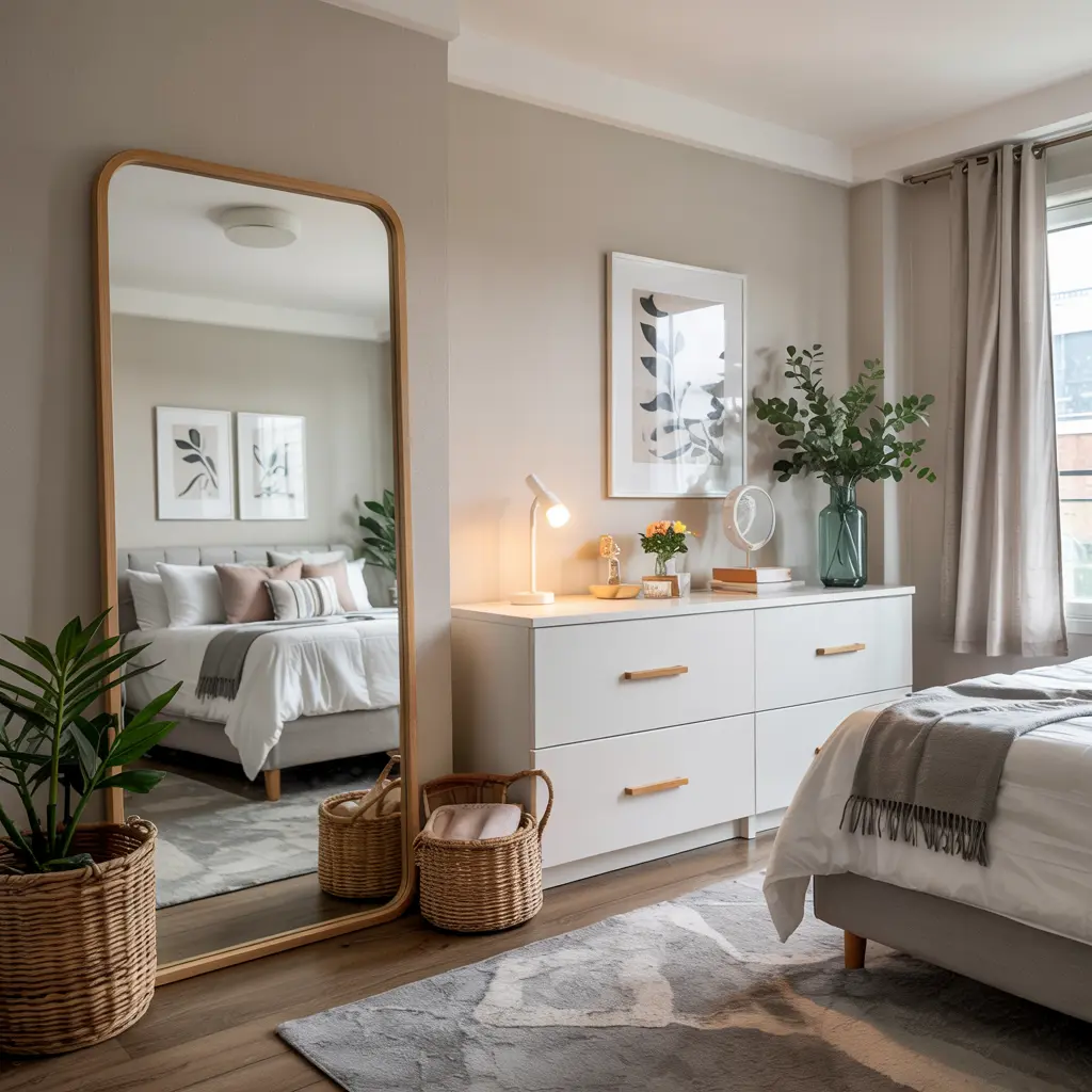 25 Bedroom Decor Ideas for Women Apartment to Save Space 10 10. Leaning Floor Mirror to Make the Room Look Bigger