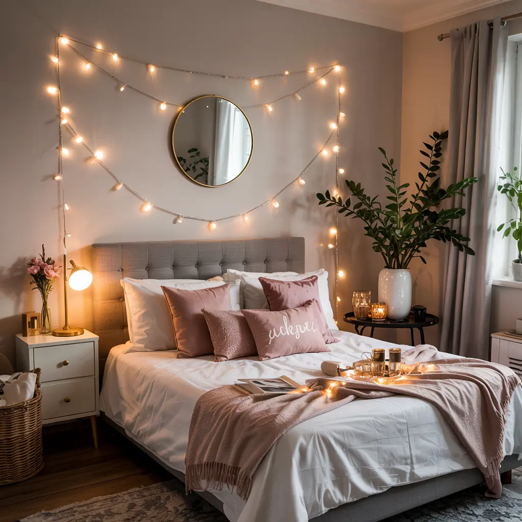 25 Aesthetic Bedroom decor ideas for women 15 11. Warm White Fairy Lights Draped Along the Wall