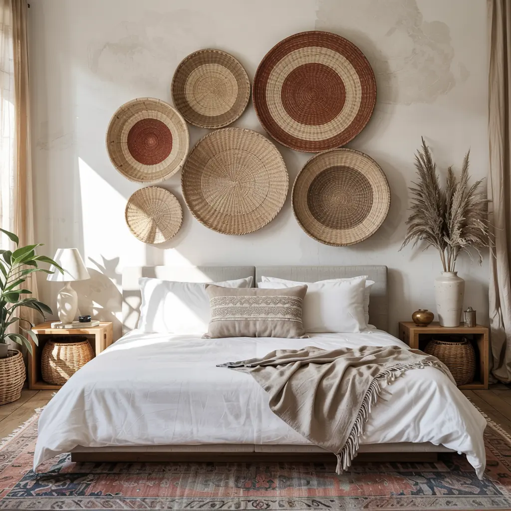 25 Bedroom Decor Ideas Boho Style for Women 15 11. Woven Basket Wall Art for a Tribal Touch