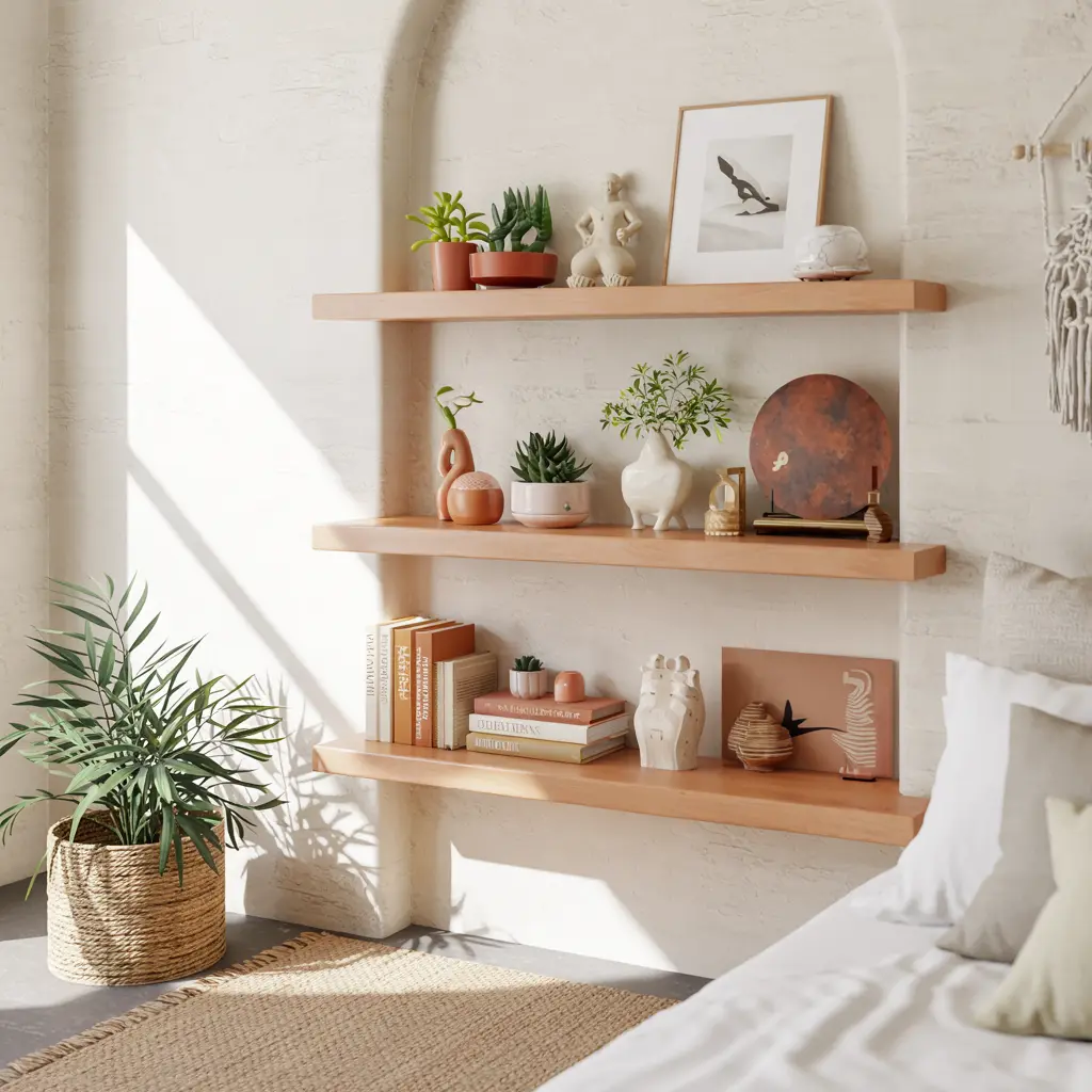 25 Bedroom Decor Ideas Boho Style for Women 16 12. Floating Wooden Shelves for a Minimalist Boho Display