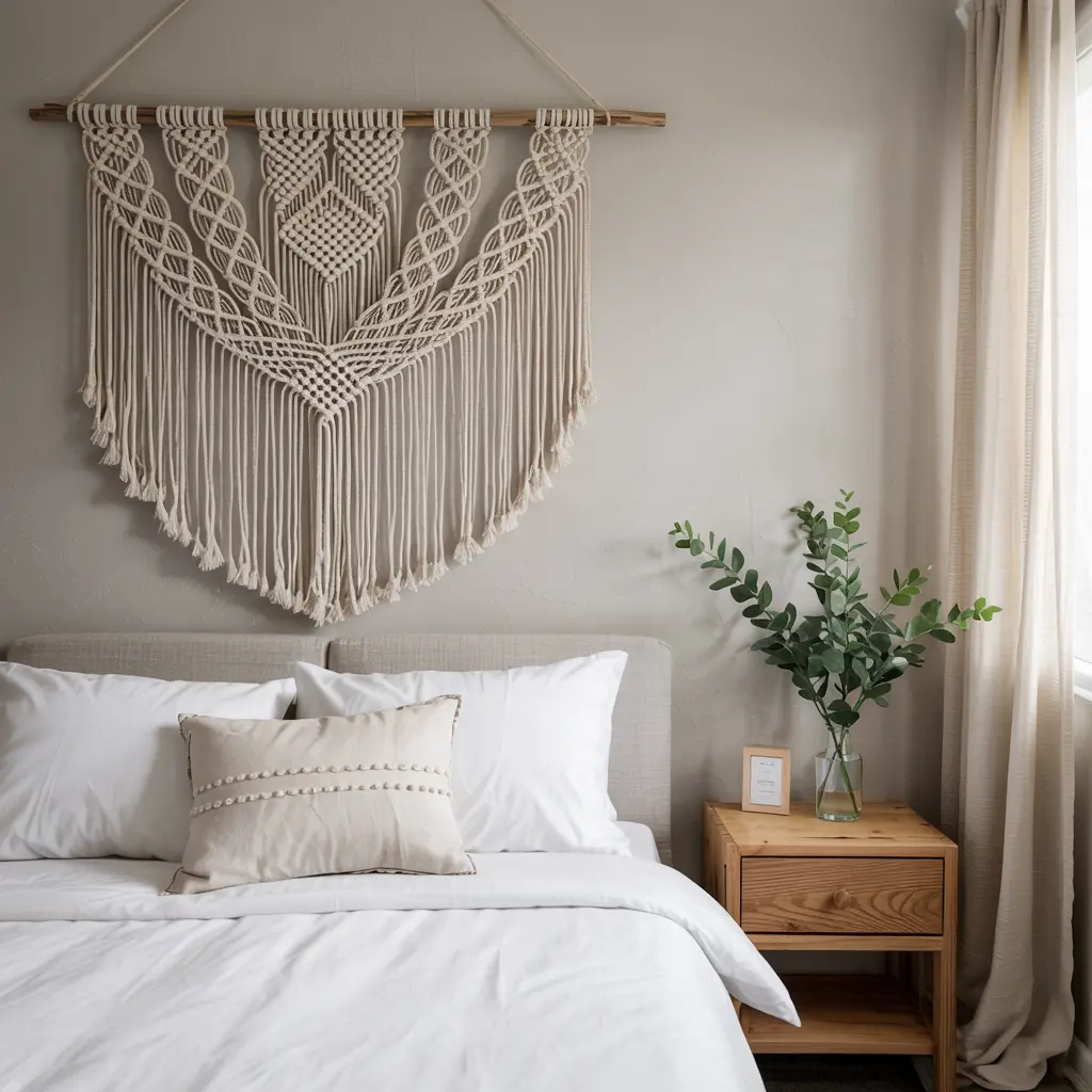 25 Aesthetic Bedroom decor ideas for women 16 12. Macrame Wall Hanging for Boho Aesthetic Touch