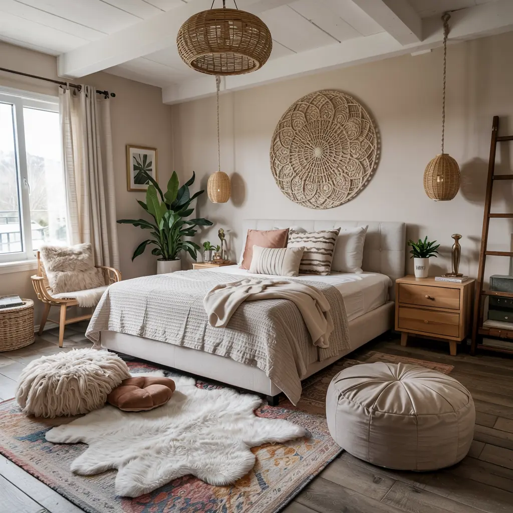 25 Bedroom Decor Ideas Boho Style for Women 17 13. Floor Cushions and Poufs for a Cozy Seating Area