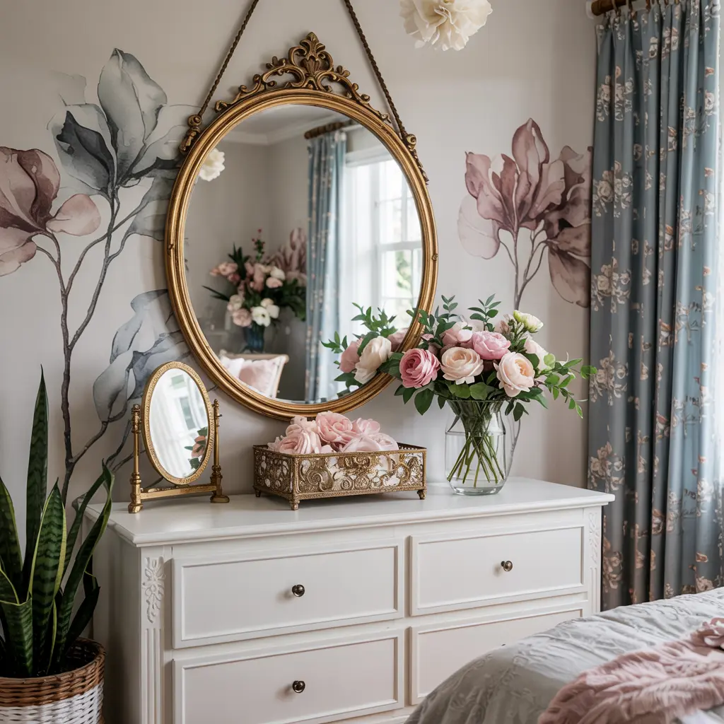 13. Oval or Gilded Gold Wall Mirror Above Dresser