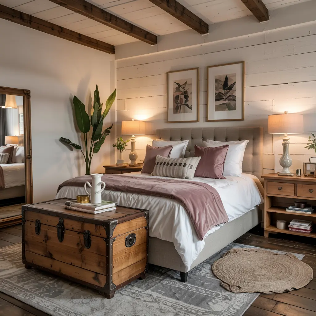 13. Vintage Wooden Trunk at the Foot of the Bed