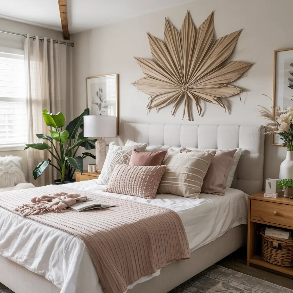 25 Aesthetic Bedroom decor ideas for women 18 14. Layered Throw Pillows in Neutral and Blush Hues