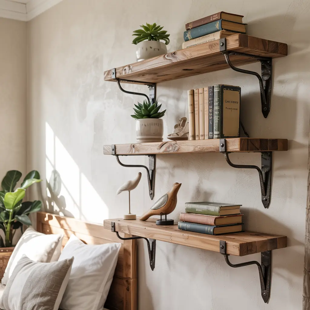 14. Wall Mounted Wooden Shelves with Iron Brackets