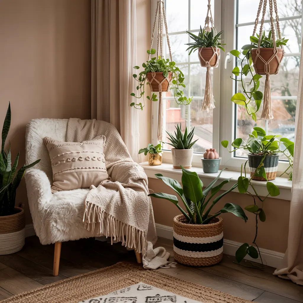 25 Bedroom Decor Ideas Boho Style for Women 19 15. Hanging Planters with Greenery for a Natural Look