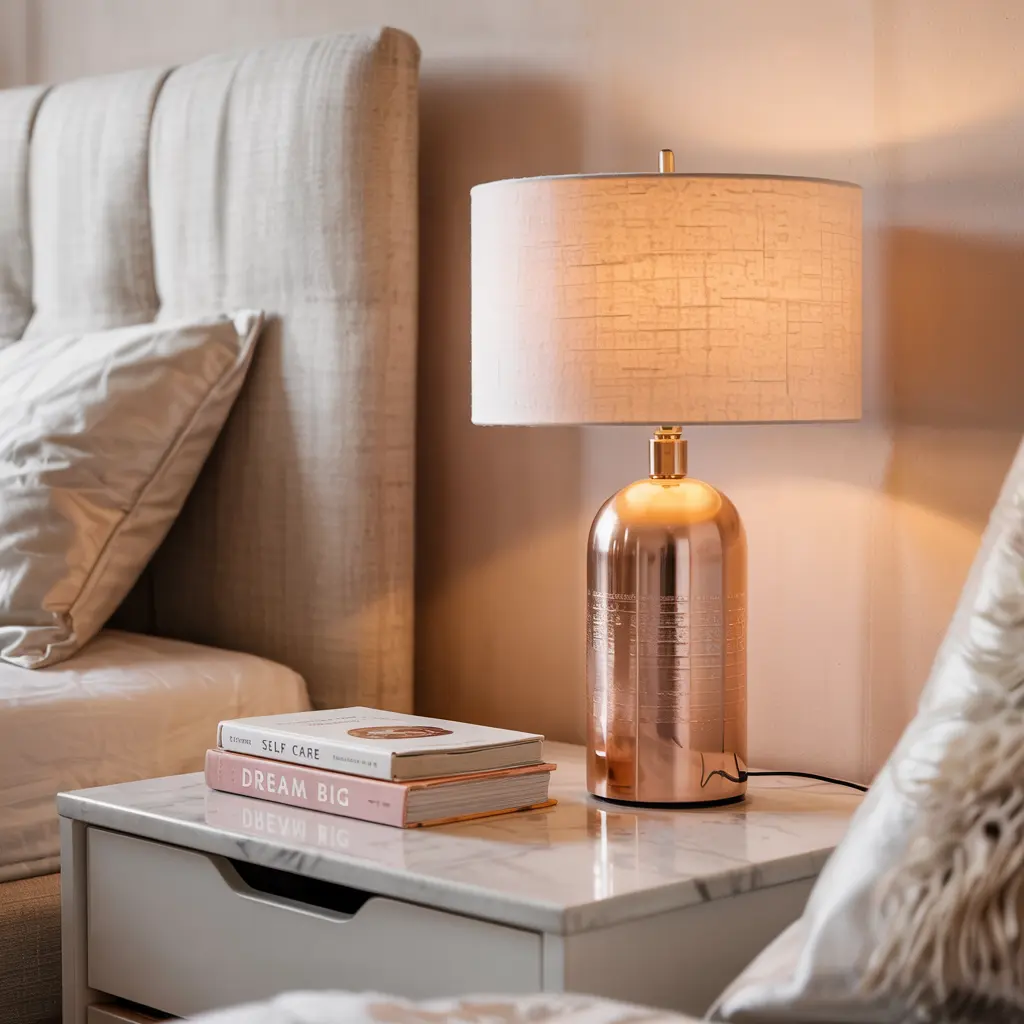 25 Aesthetic Bedroom decor ideas for women 19 15. Minimal Gold or Rose Gold Table Lamp