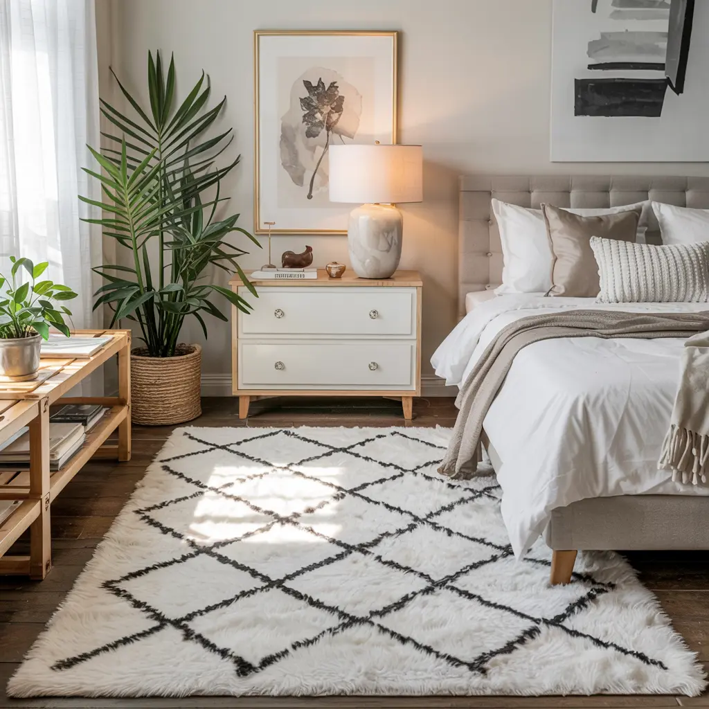 25 Aesthetic Bedroom decor ideas for women 20 16. Neutral Area Rug with Subtle Texture or Pattern