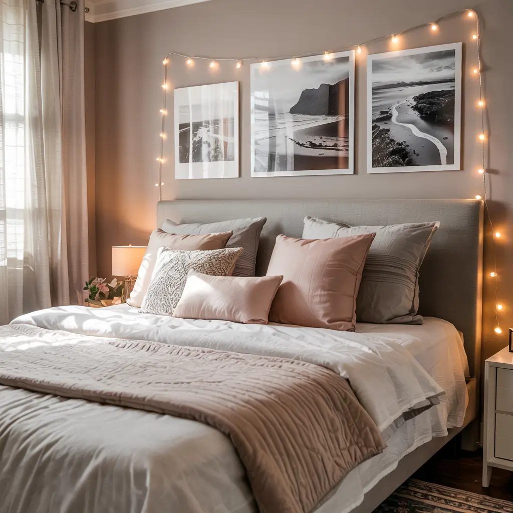 25 Warm & Cozy Bedroom Decor Ideas for Women’s Style 20 16. Personalized Photo String Lights for a Homey Touch
