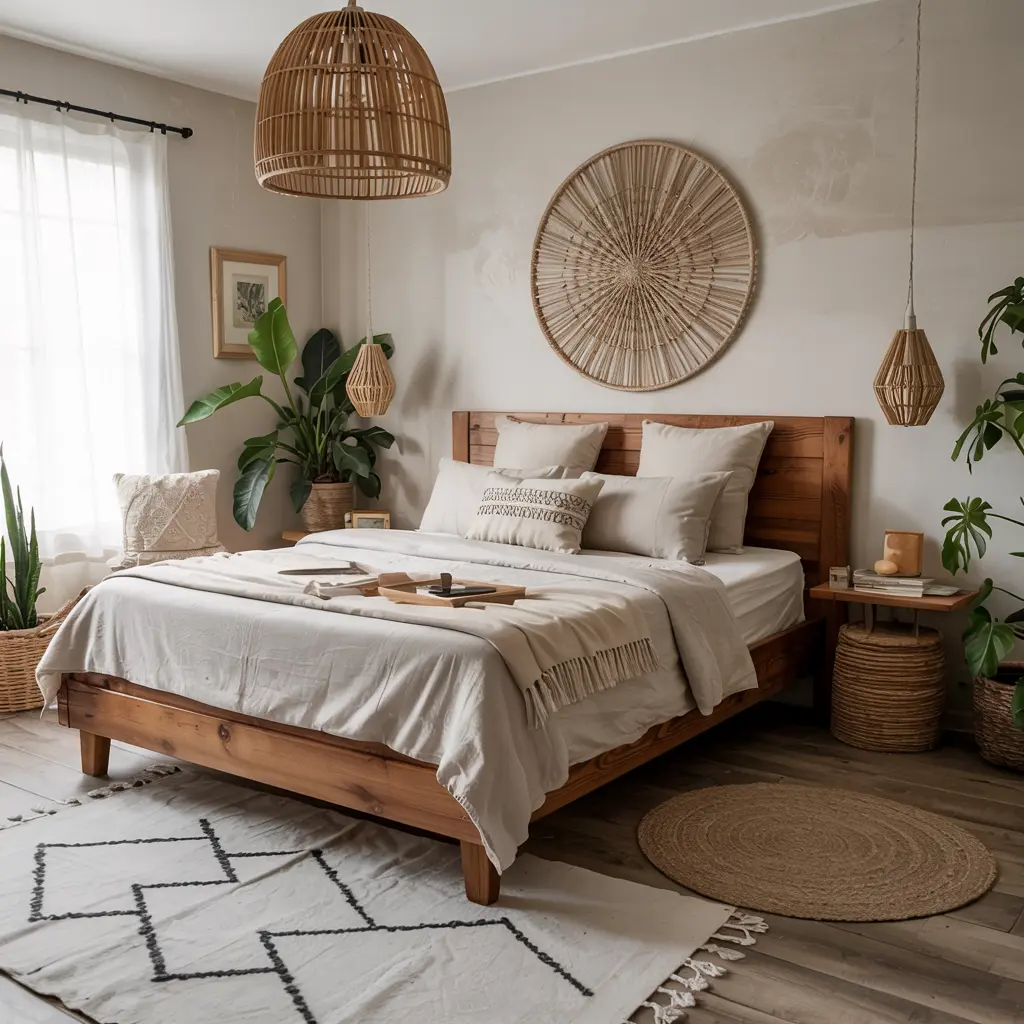 25 Bedroom Decor Ideas Boho Style for Women 20 16. Rustic Wooden Bed Frame for a Warm Organic Feel