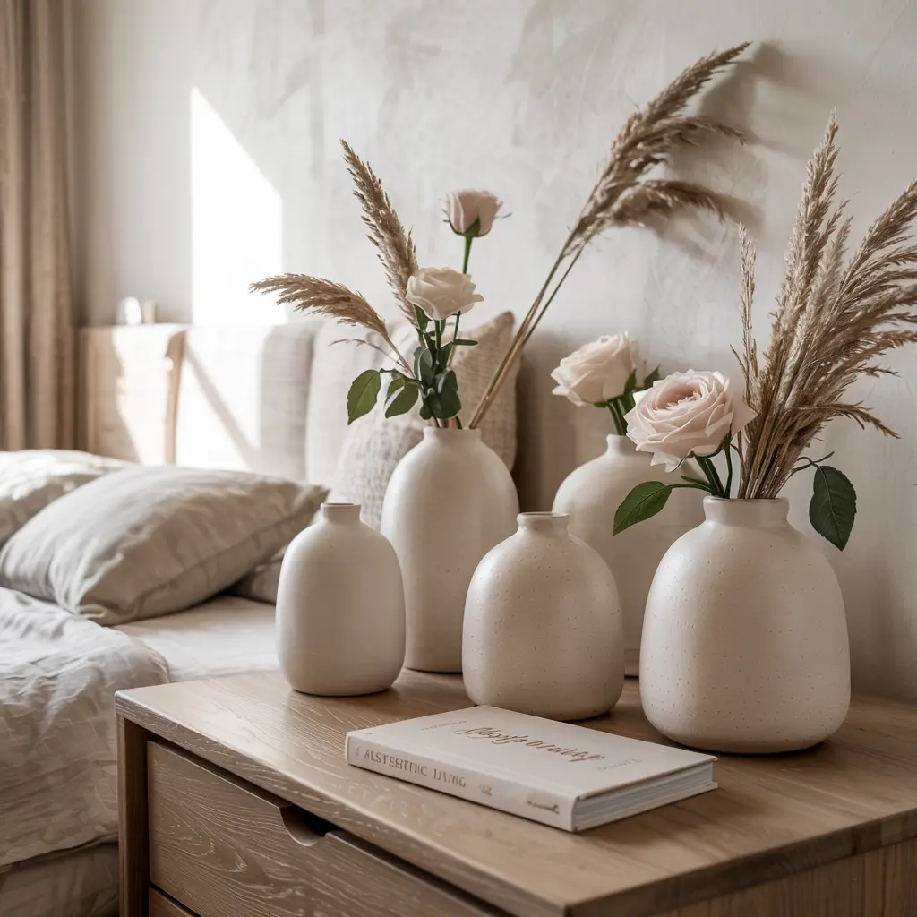 25 Aesthetic Bedroom decor ideas for women 21 17. Ceramic Vases with Dried Pampas Grass or Florals