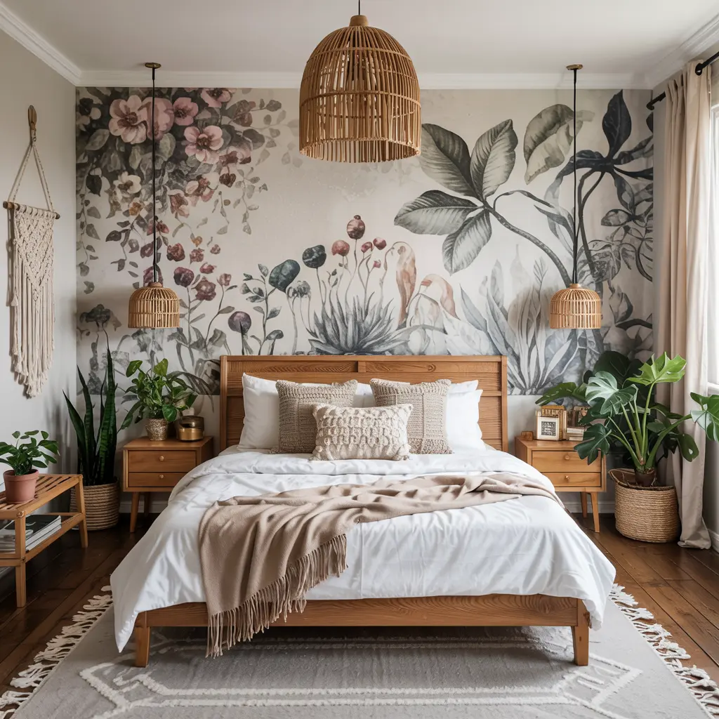 25 Bedroom Decor Ideas Boho Style for Women 21 17. Floral or Botanical Wallpaper for a Statement Wall