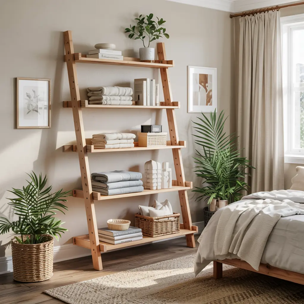 17. Rustic Ladder Shelf for Blankets or Decor