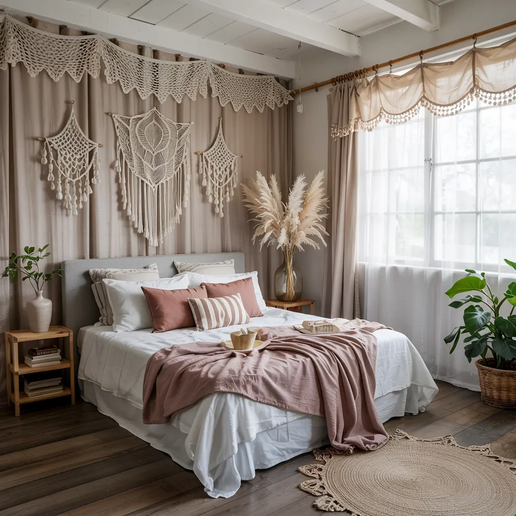 25 Bedroom Decor Ideas Boho Style for Women 22 18. Layered Curtains with Lace or Crochet Details