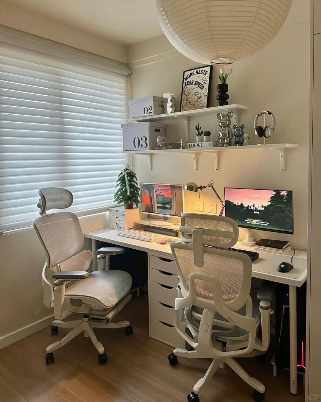 Aesthetic Desk Setup with LED Lamp & Organizer Trays