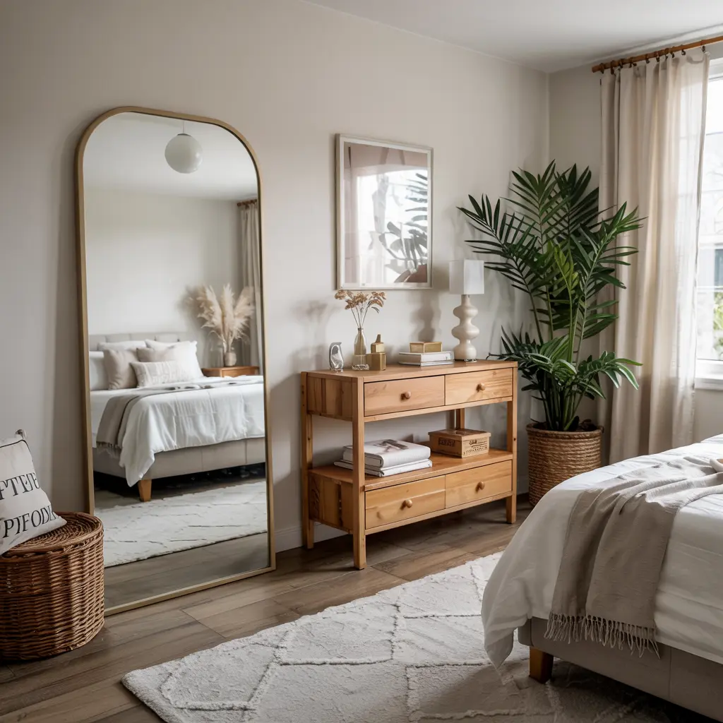 25 Aesthetic Bedroom decor ideas for women 23 19. Floor Length Mirror with Rounded Edges or Arched Top
