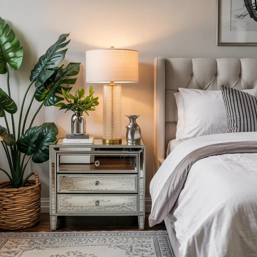 19. Glass or Mirrored Nightstands for a Sleek Look