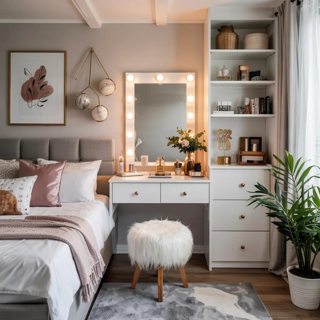 25 Bedroom Decor Ideas for Women Apartment to Save Space 23 19. Small Vanity with Hollywood Lights for a Glamorous Setup