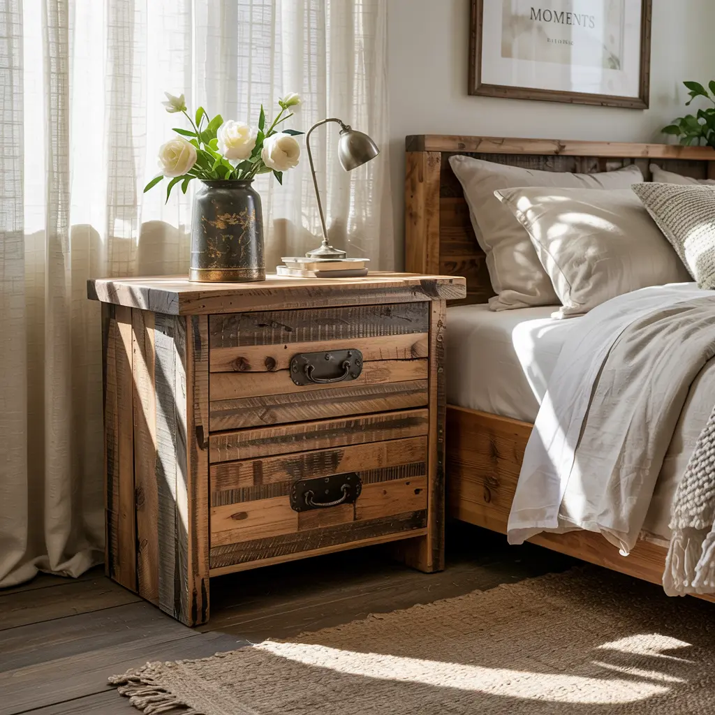 2. Distressed Wood Nightstands with Iron Handles
