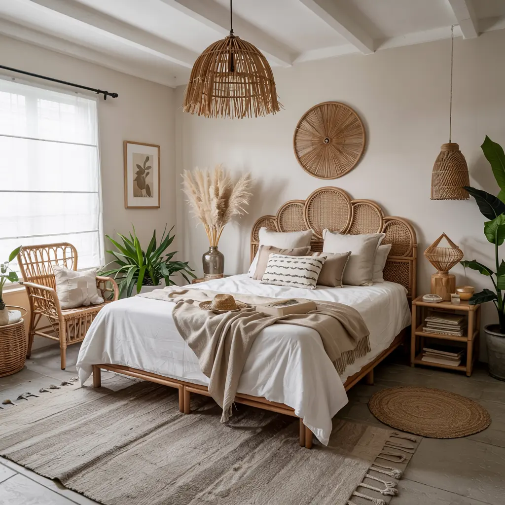 25 Bedroom Decor Ideas Boho Style for Women 2 2. Rattan or Wicker Furniture for a Natural Boho Look