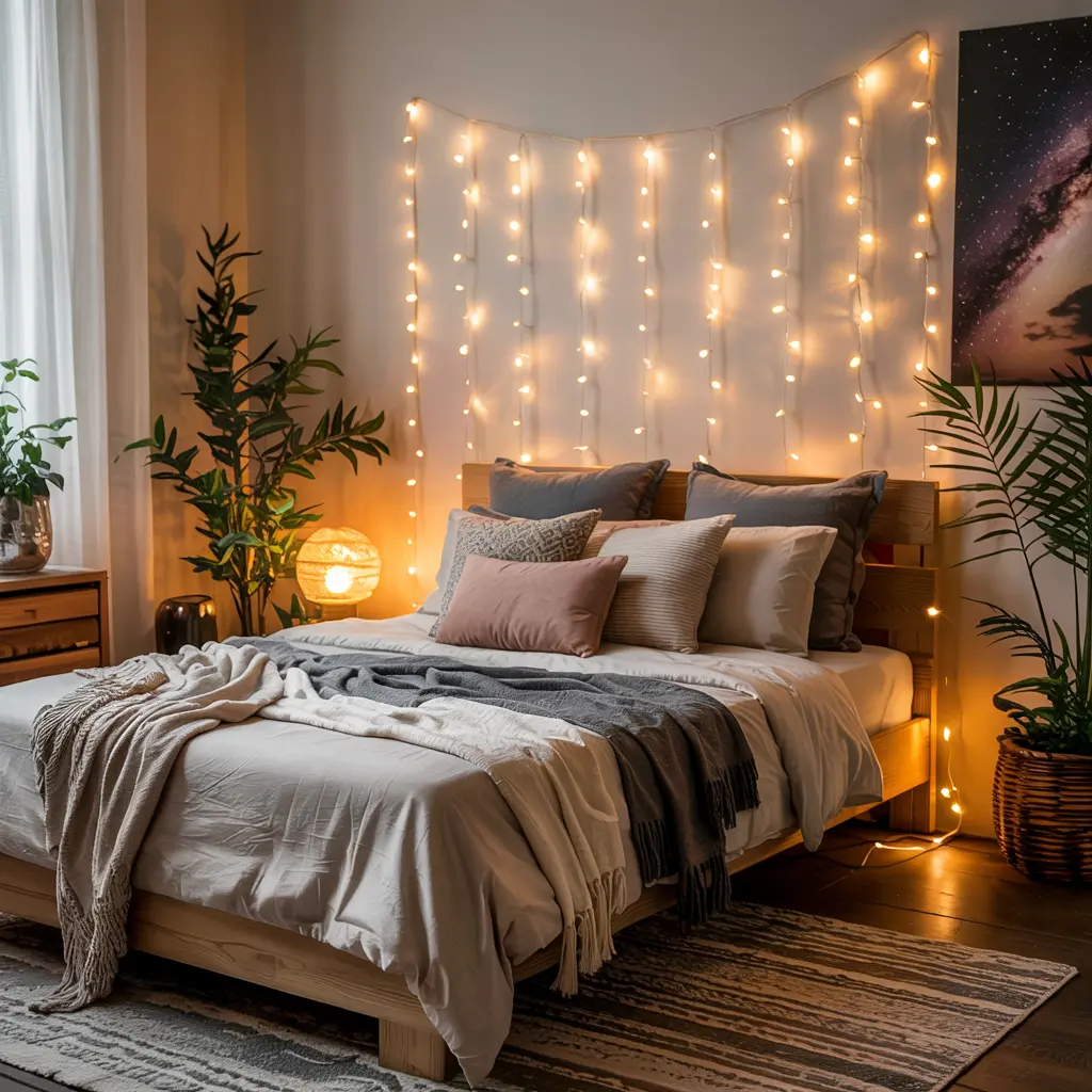 25 Warm & Cozy Bedroom Decor Ideas for Women’s Style 2 2. Warm Fairy Lights for a Magical Ambiance