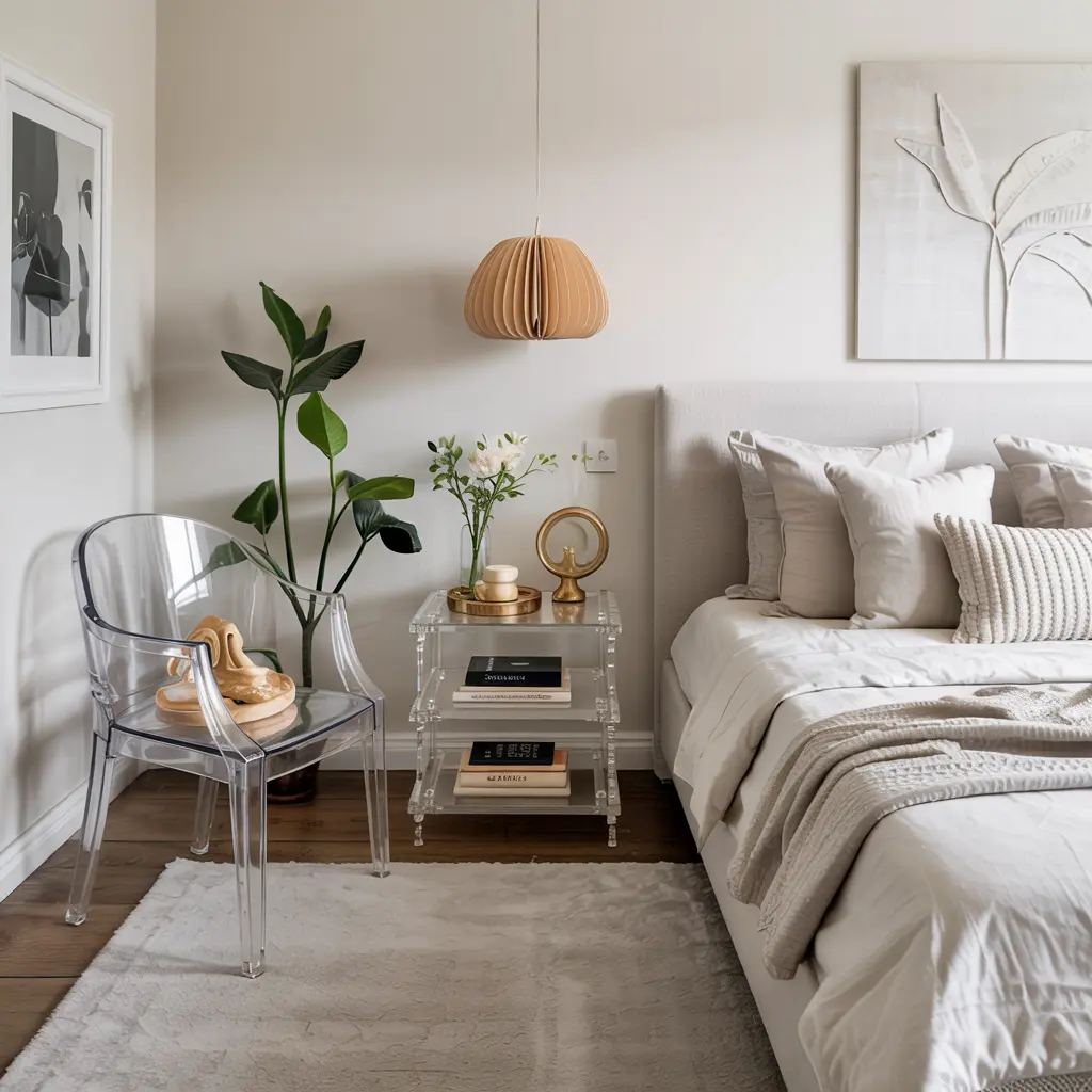 25 Bedroom Decor Ideas for Women Apartment to Save Space 24 20. Acrylic Furniture to Keep the Space Looking Open