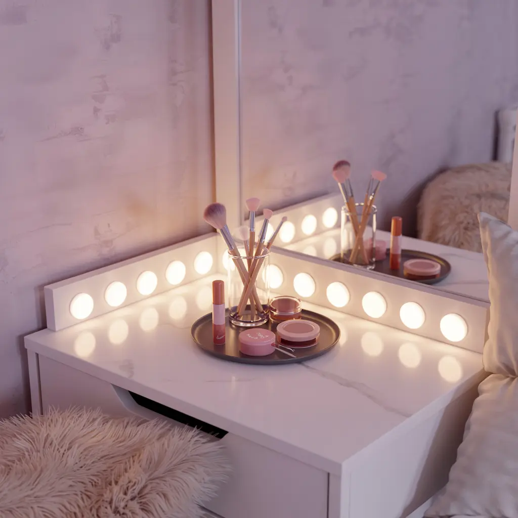 25 Aesthetic Bedroom decor ideas for women 24 20. Small Vanity Corner with Soft Lighting and Pastel Accents