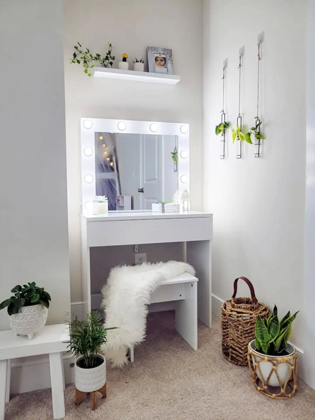 Small Vanity Corner with Soft Lighting and Pastel Accents