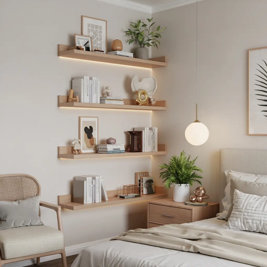 25 Warm & Cozy Bedroom Decor Ideas for Women’s Style 29 21. Minimalist Floating Shelves with Soft Accent Lighting