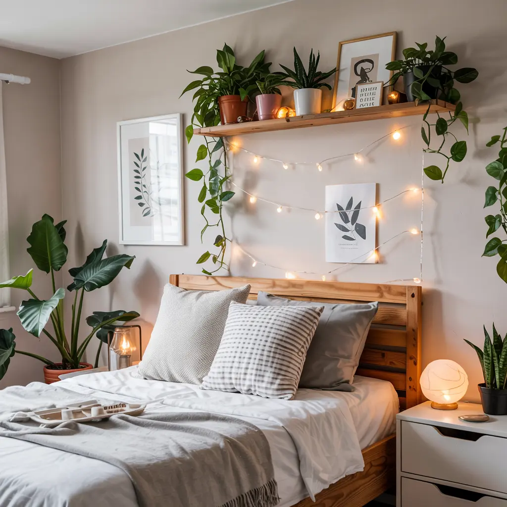 25 Aesthetic Bedroom decor ideas for women 29 21. Plant Shelf with Small Indoor Plants and Fairy Lights