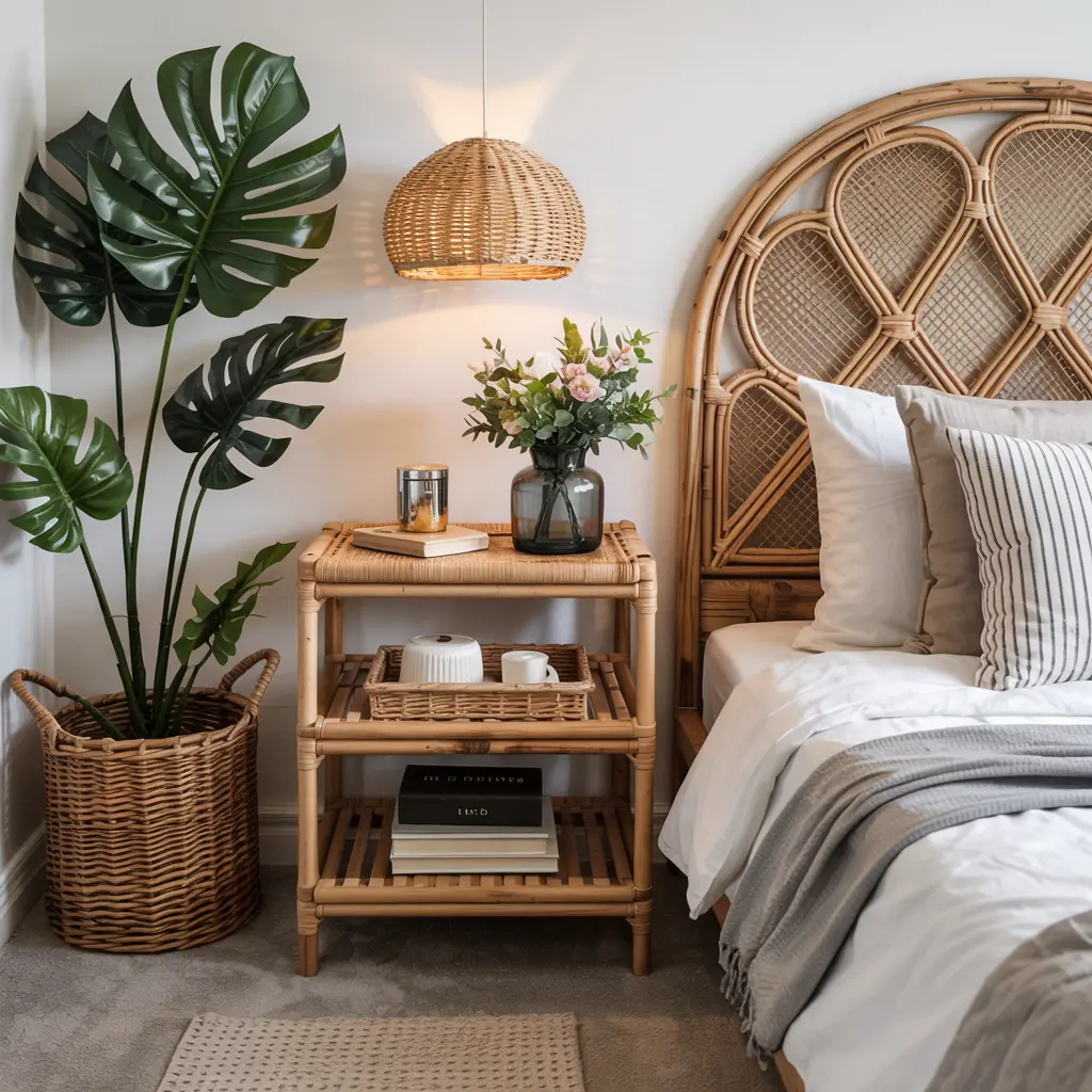 25 Bedroom Decor Ideas for Women Apartment to Save Space 29 21. Rattan or Wicker Accents for a Boho Chic Look