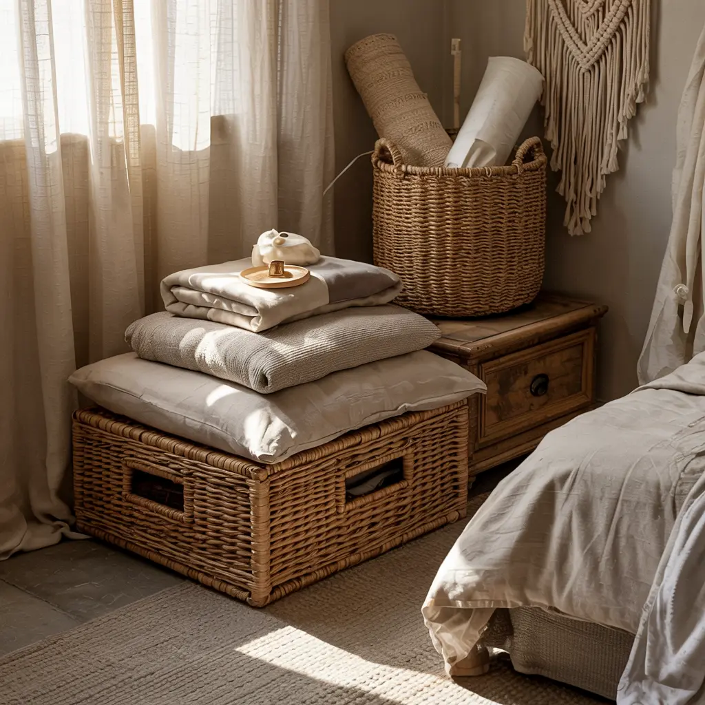 25 Bedroom Decor Ideas Boho Style for Women 24 21. Woven Seagrass Storage Baskets for an Organized Look