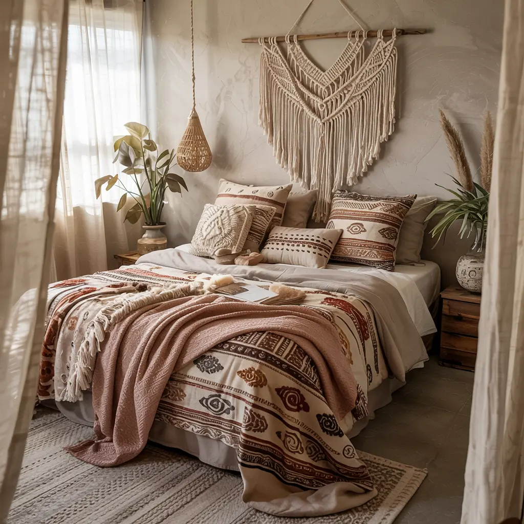 21.Mixed Boho Patterned Bedding for an Eclectic Look