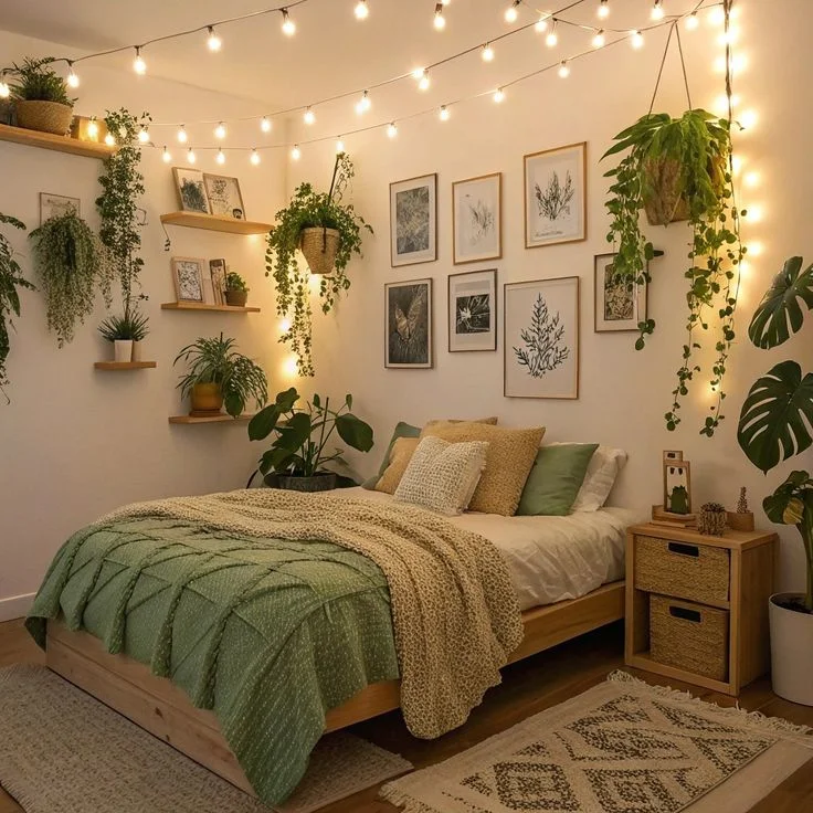 Plant Shelf with Small Indoor Plants and Fairy Lights