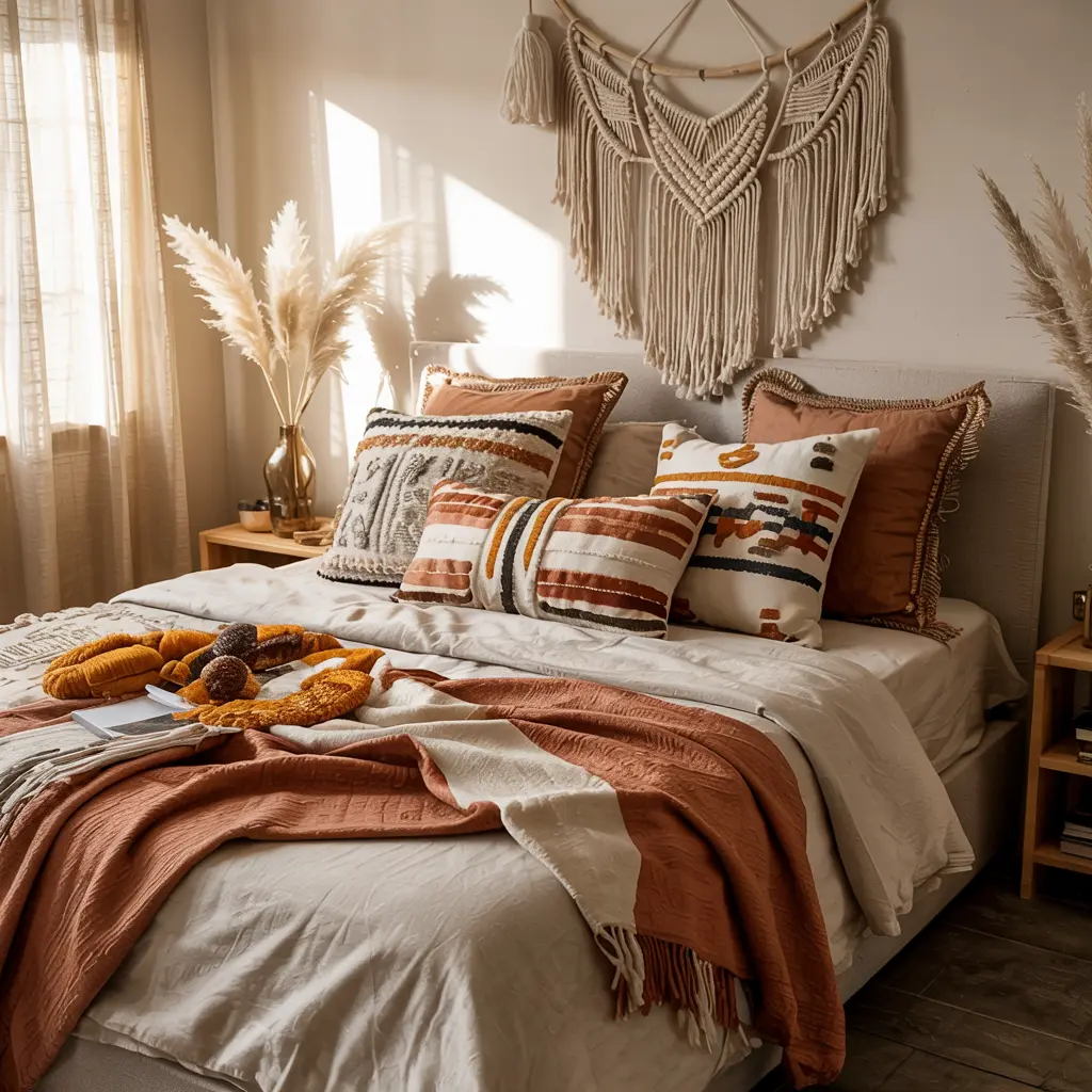 25 Bedroom Decor Ideas Boho Style for Women 30 22. Abstract or Tribal Patterned Throw Pillows
