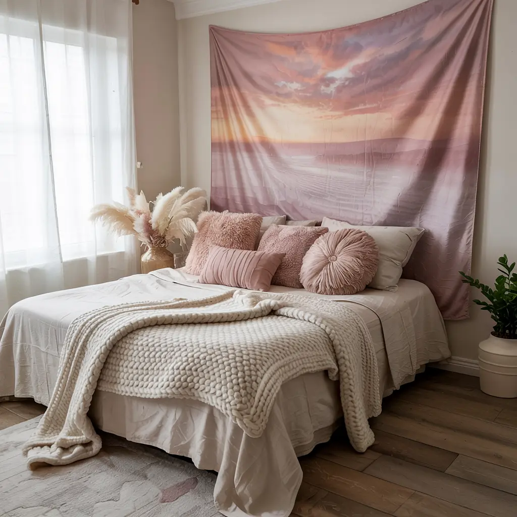 25 Aesthetic Bedroom decor ideas for women 30 22. Soft Gradient or Sunset Wall Tapestry