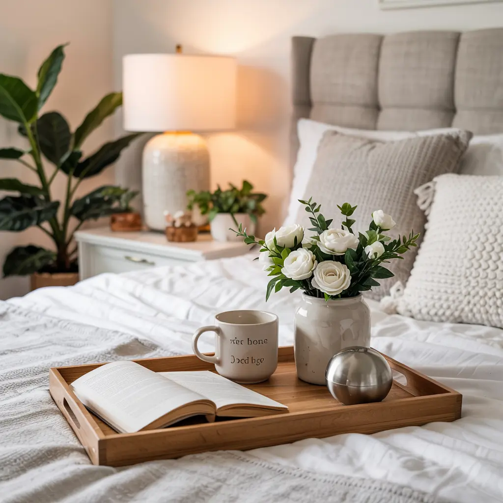25 Aesthetic Bedroom decor ideas for women 31 23. Aesthetic Bed Tray with Books Mugs and Decor