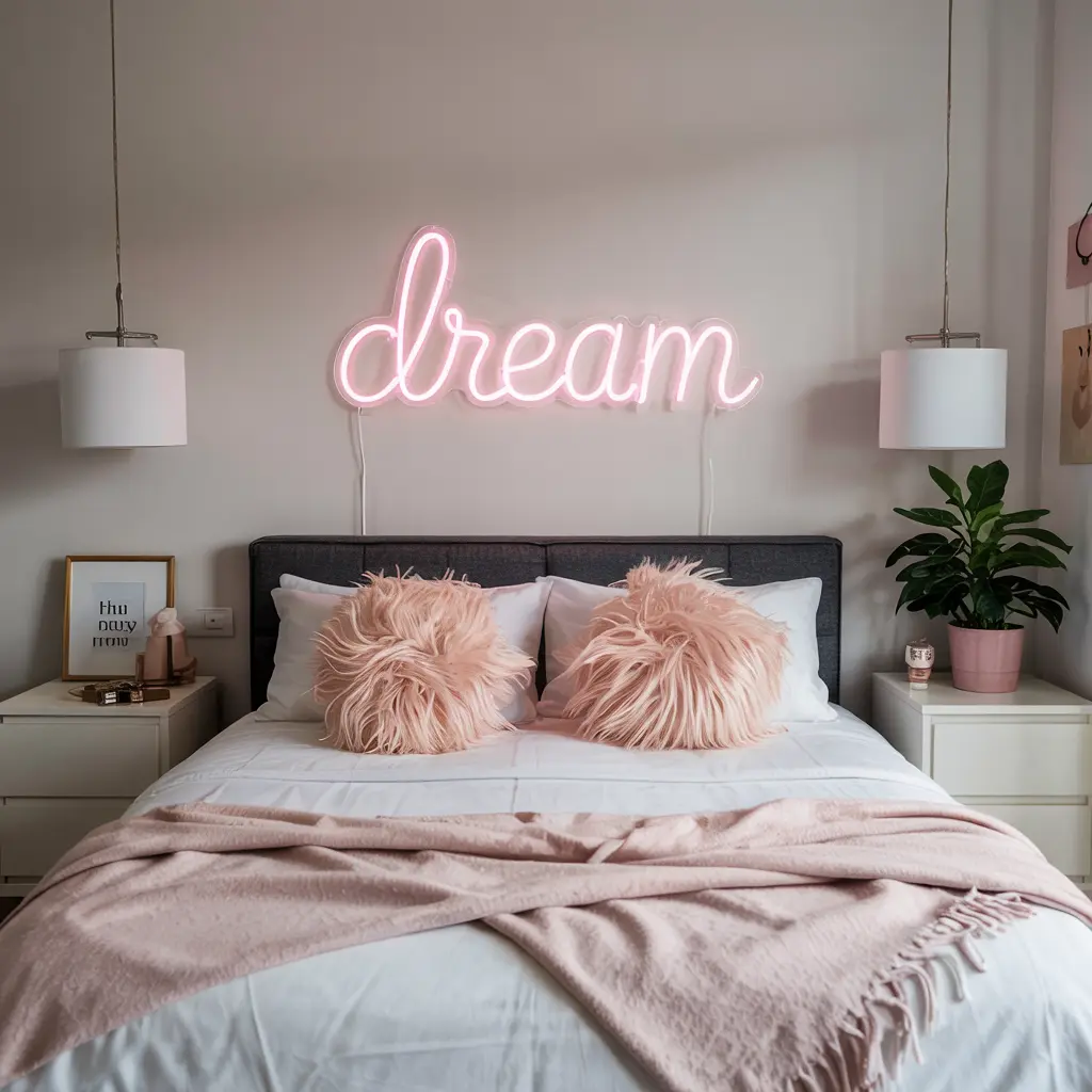 25 Bedroom Decor Ideas for Women Apartment to Save Space 31 23. Light Up Neon Sign for a Modern Feminine Touch